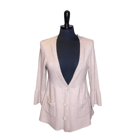 H&M Cardigan Sweater V Neck Button Up Long Beige Contrasting Knit M - Picture 1 of 3